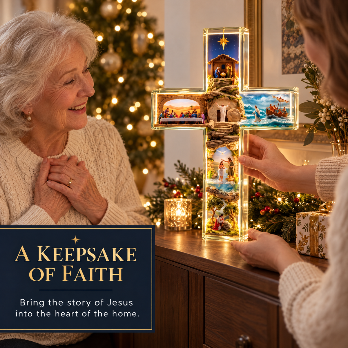 ✨Light-Up Story of Jesus Cross✝️Christian Christmas Decor with 6 Biblical Scenes🙏