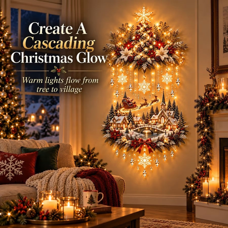 ✨Light-Up Christmas Tree & Village Wall Decor🎄Warm Holiday Glow🌟