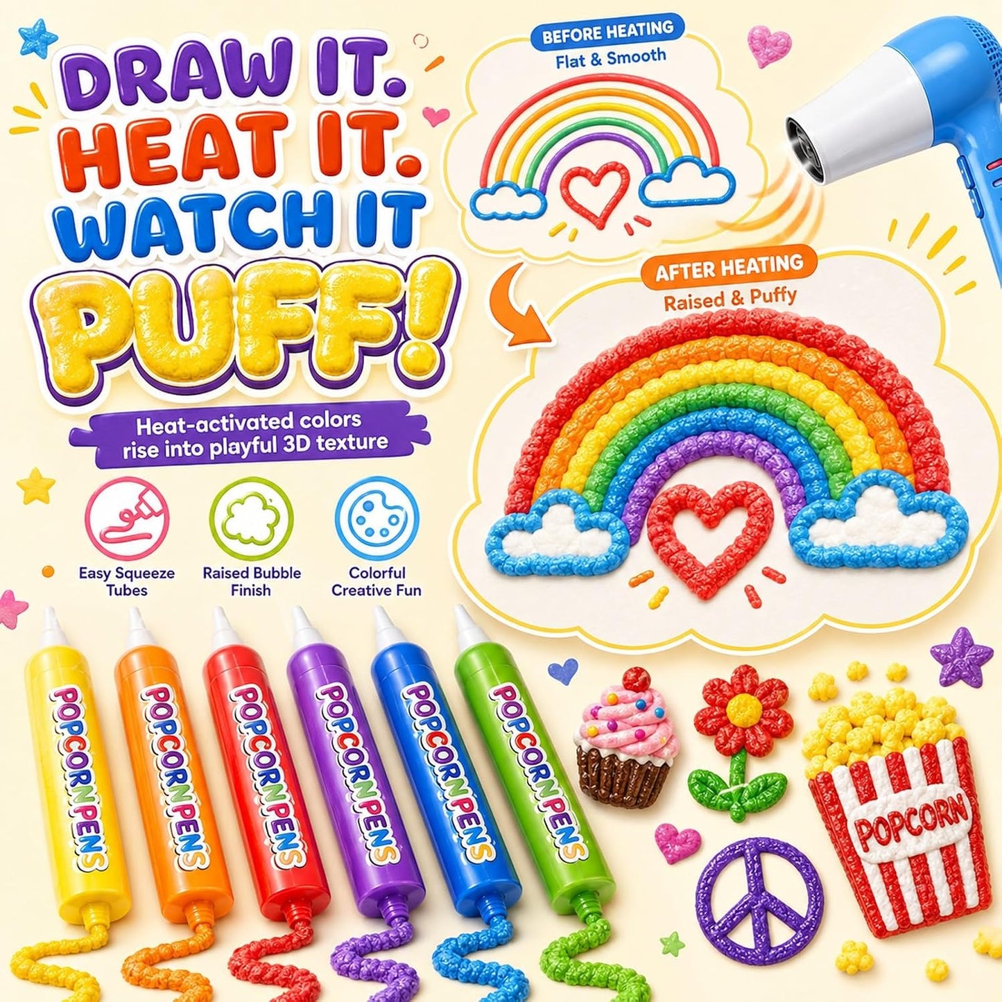 Popcorn Pens 3D Puffy Bubble Drawing Art Kit Heat