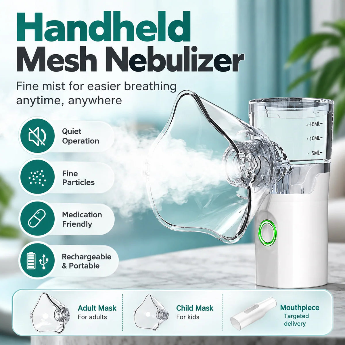 ✨Portable Mesh Nebulizer – Quiet Handheld Nebulizer with Adult & Child Masks