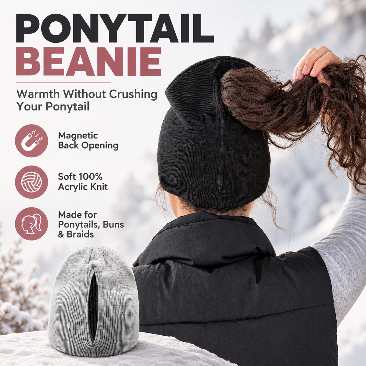 ✨Ponytail Beanie – Magnetic Back Opening Winter Knit Hat