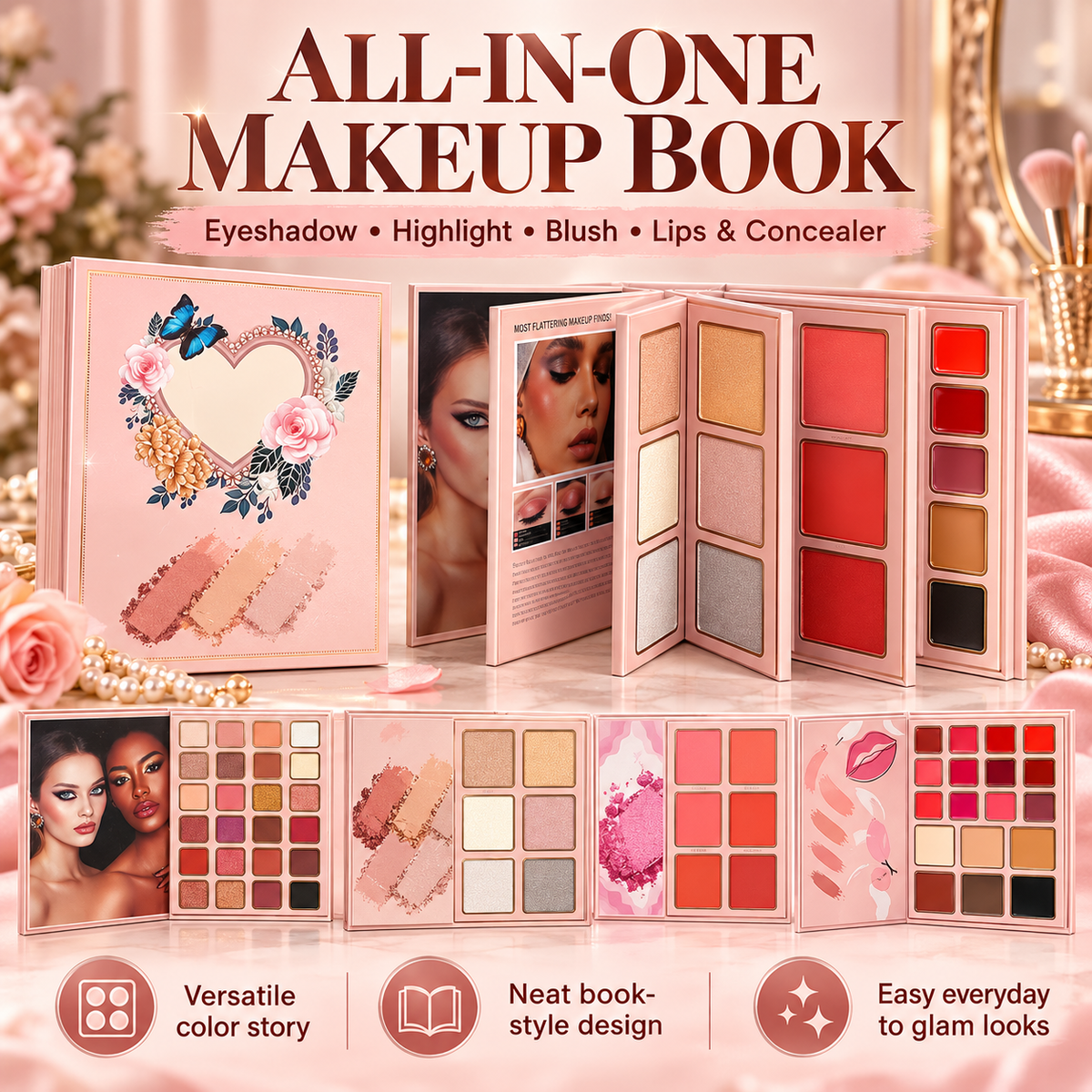 ✨All-in-One Makeup Palette Book – Eyeshadow, Blush, Highlighter & Lip Color Set