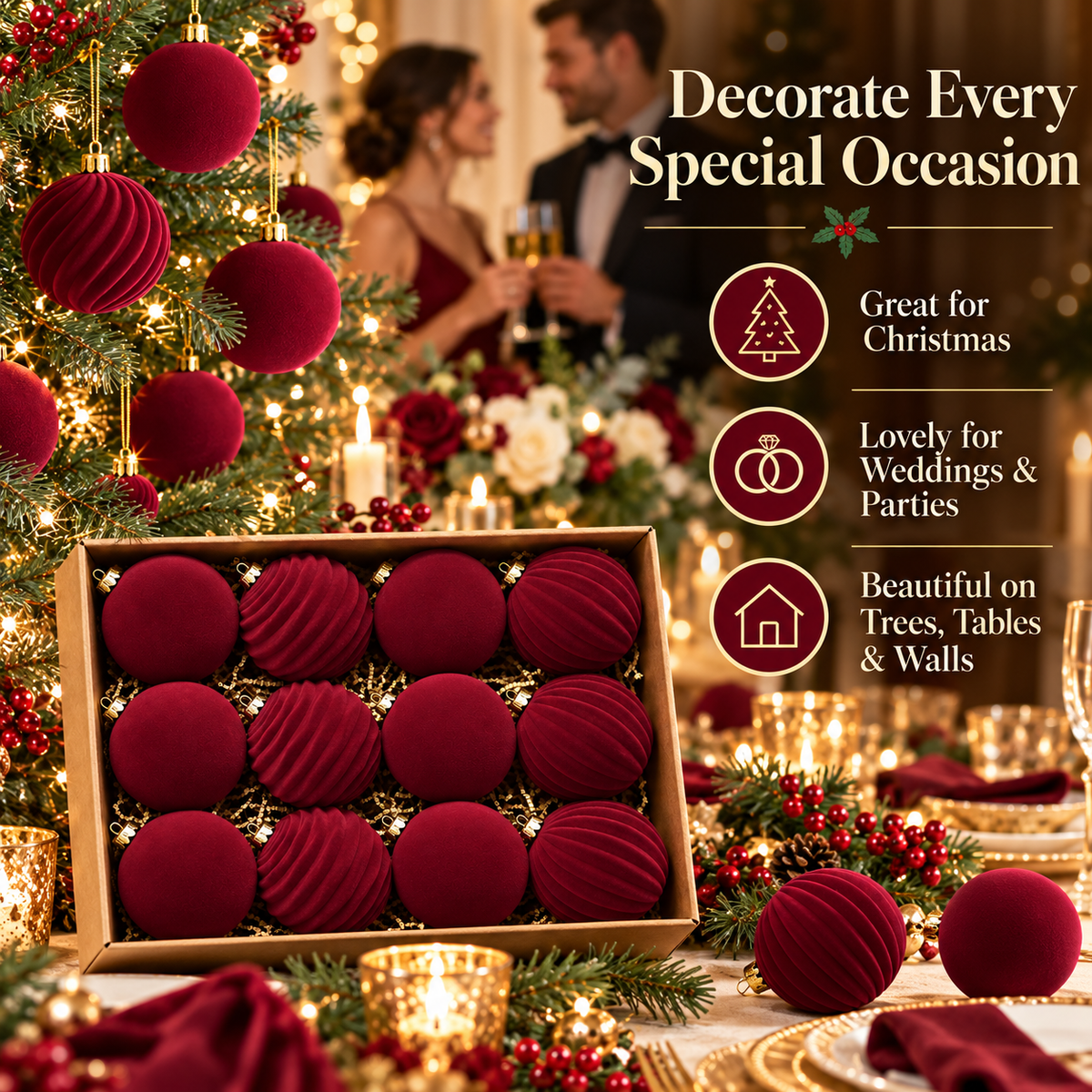🎀Pack of 12 Christmas Baubles – Flocked Velvet Shatterproof Tree Decoration