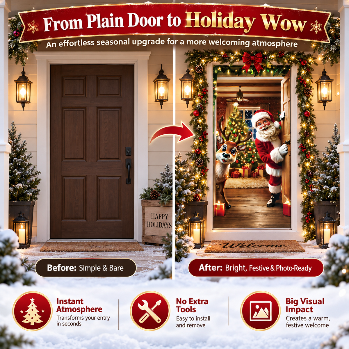 🎉Christmas Door Banner Cover 71x35 Inch Santa Claus and Reindeer