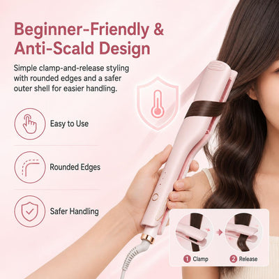 💖 Ondulador de cabello de ondas profundas de 25 mm, rizador cerámico con temperatura ajustable y doble voltaje para viaje, regalo rosa de peinado para mujer