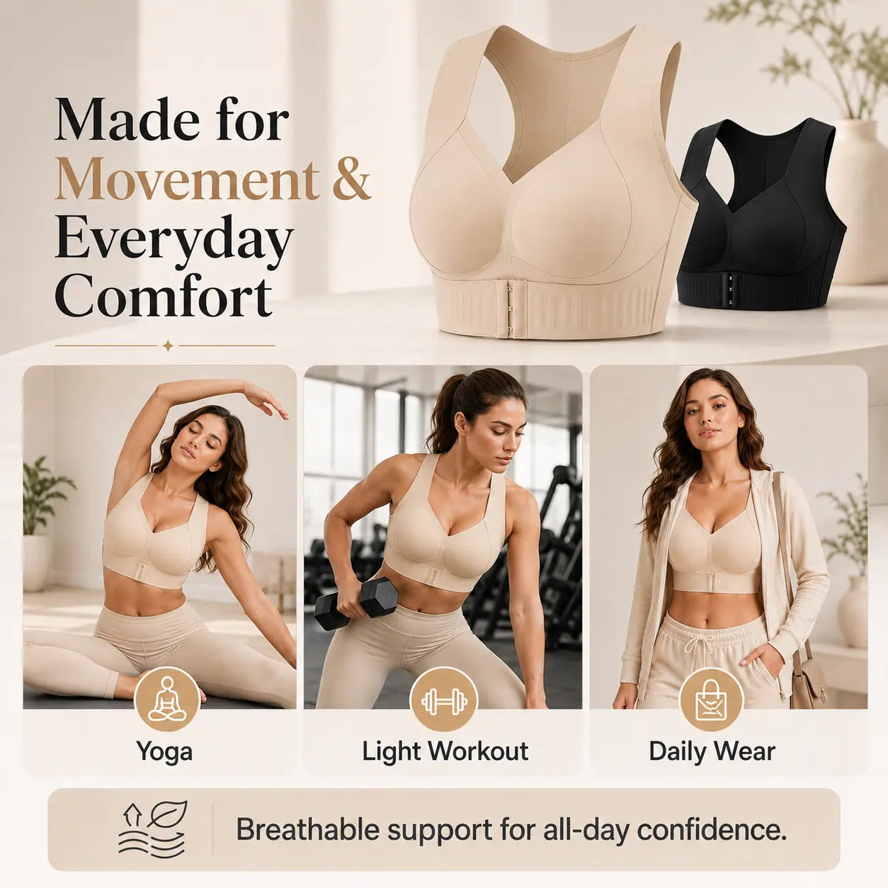 Women's Beige Wireless Bra – Soft Breathable Non-Removable Moulded Cups, Yoga & Daily Training