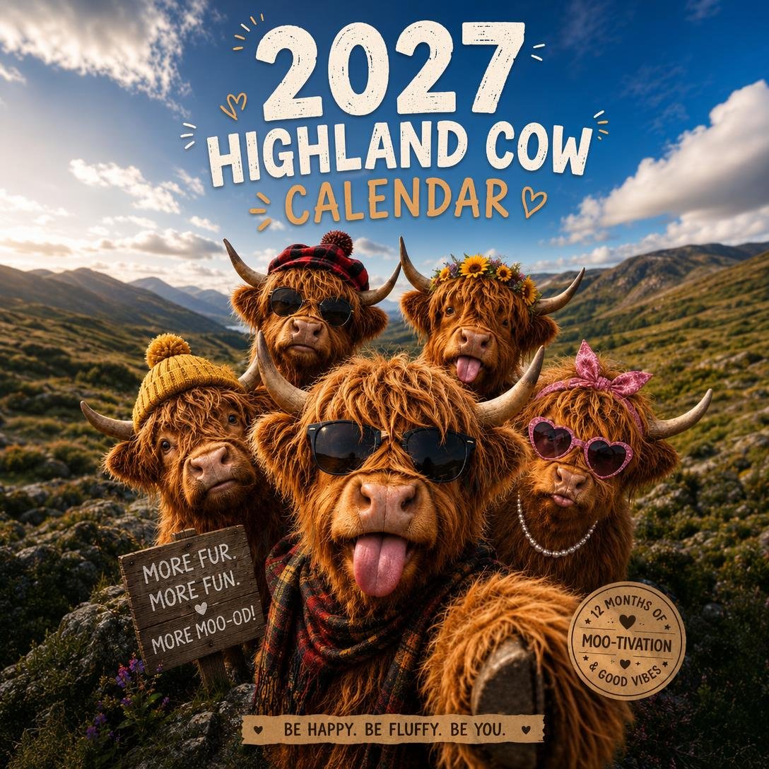 🔥2027 Funny Highland Cow Wall Calendar | A4 Hanging Calendar | Designed by Isabel Kline