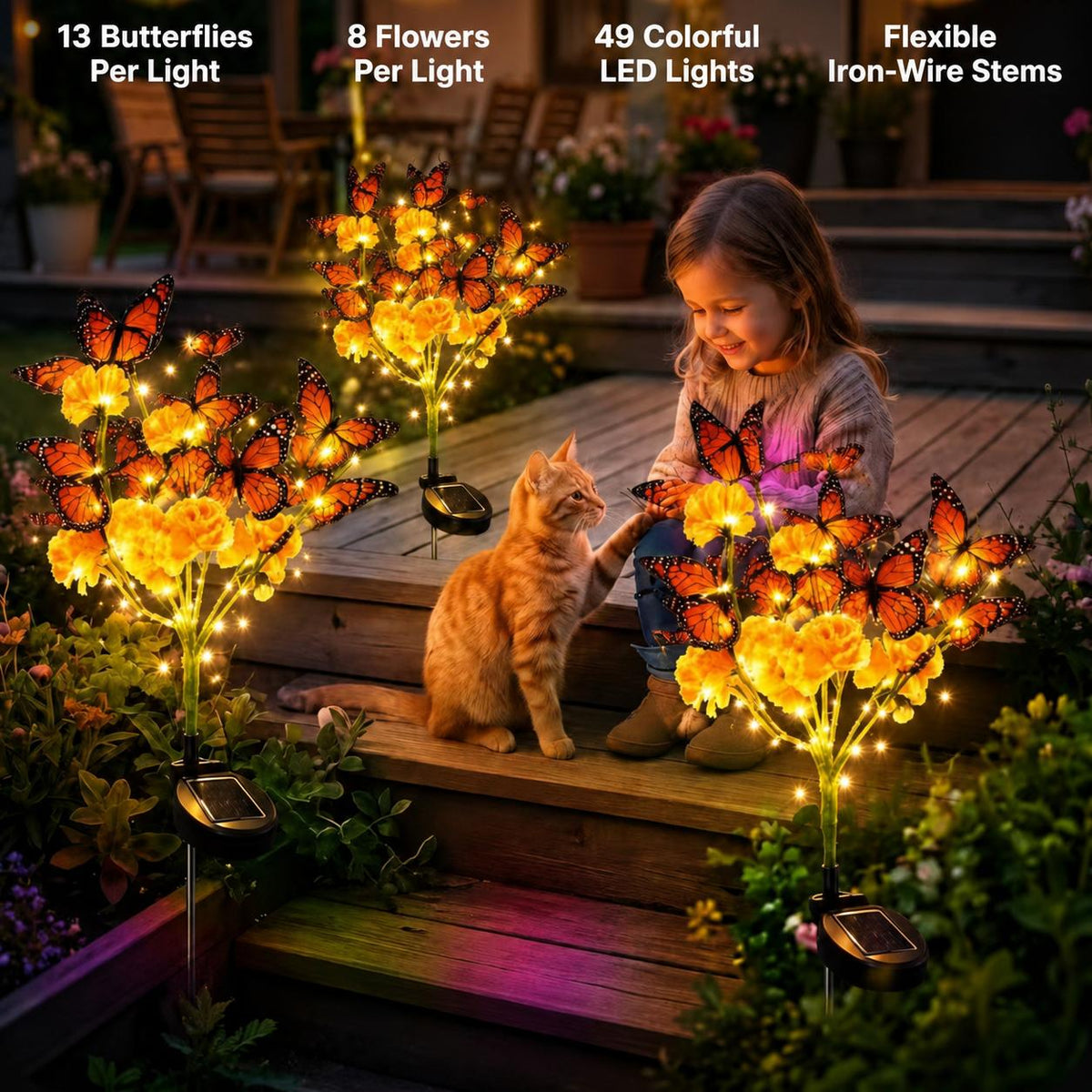 Solar Marigold & Butterfly Garden Stake Lights – Artificial Flower Solar Outdoor Lights