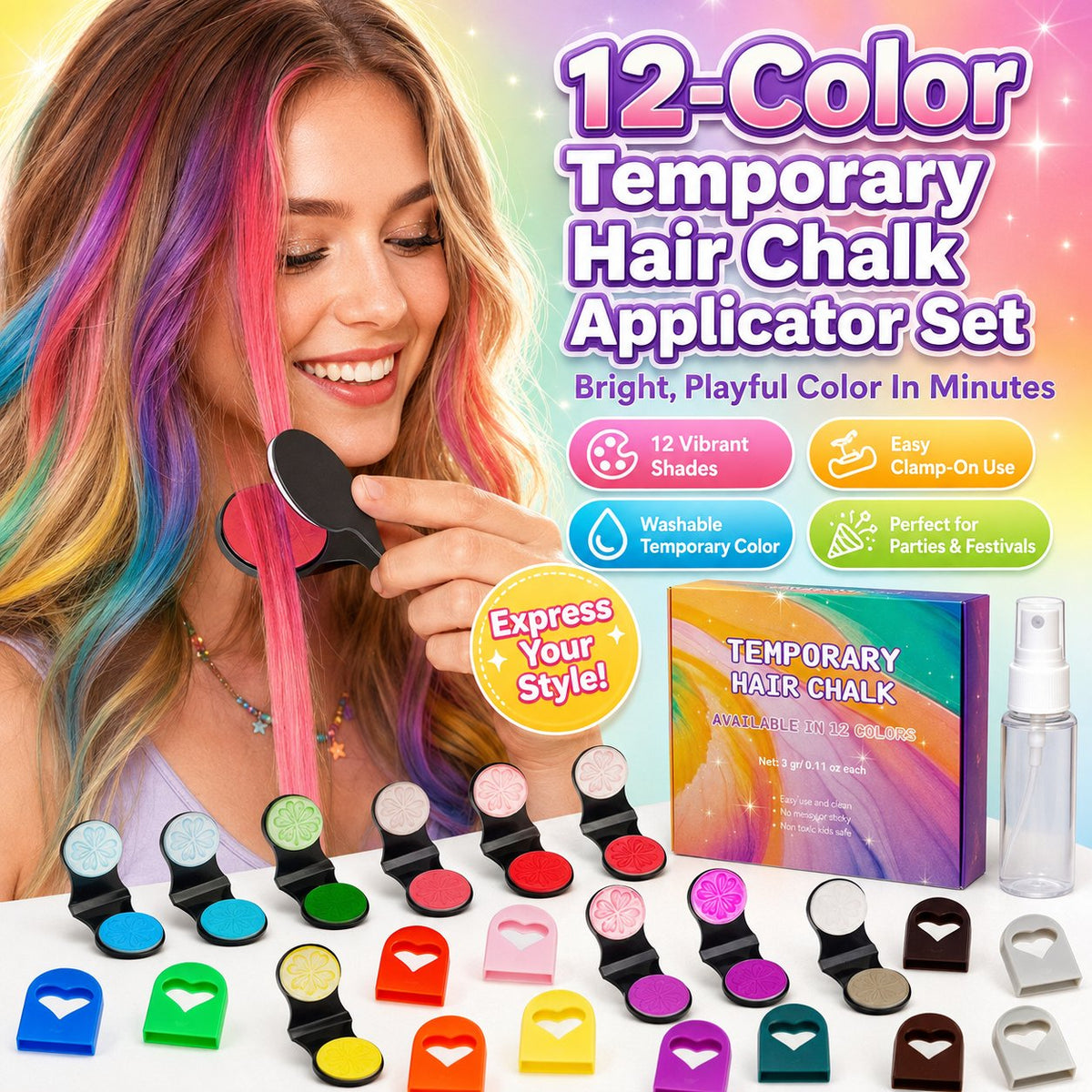 12-Color Washable Temporary Hair Chalk Set