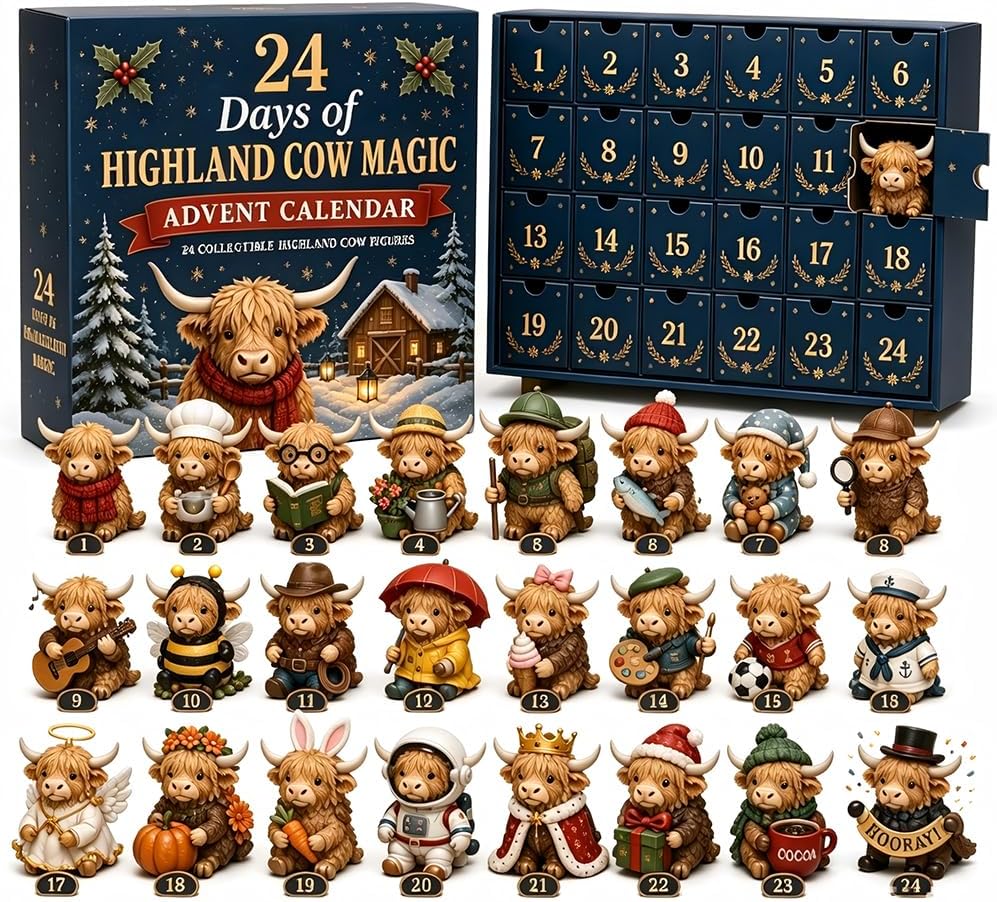 24 Days of Highland Cow Magic Advent Calendar – Collectible Cow Mini Figures Set