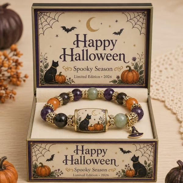 2026 Halloween Black Cat Pumpkin Beaded Bracelet Gift Set