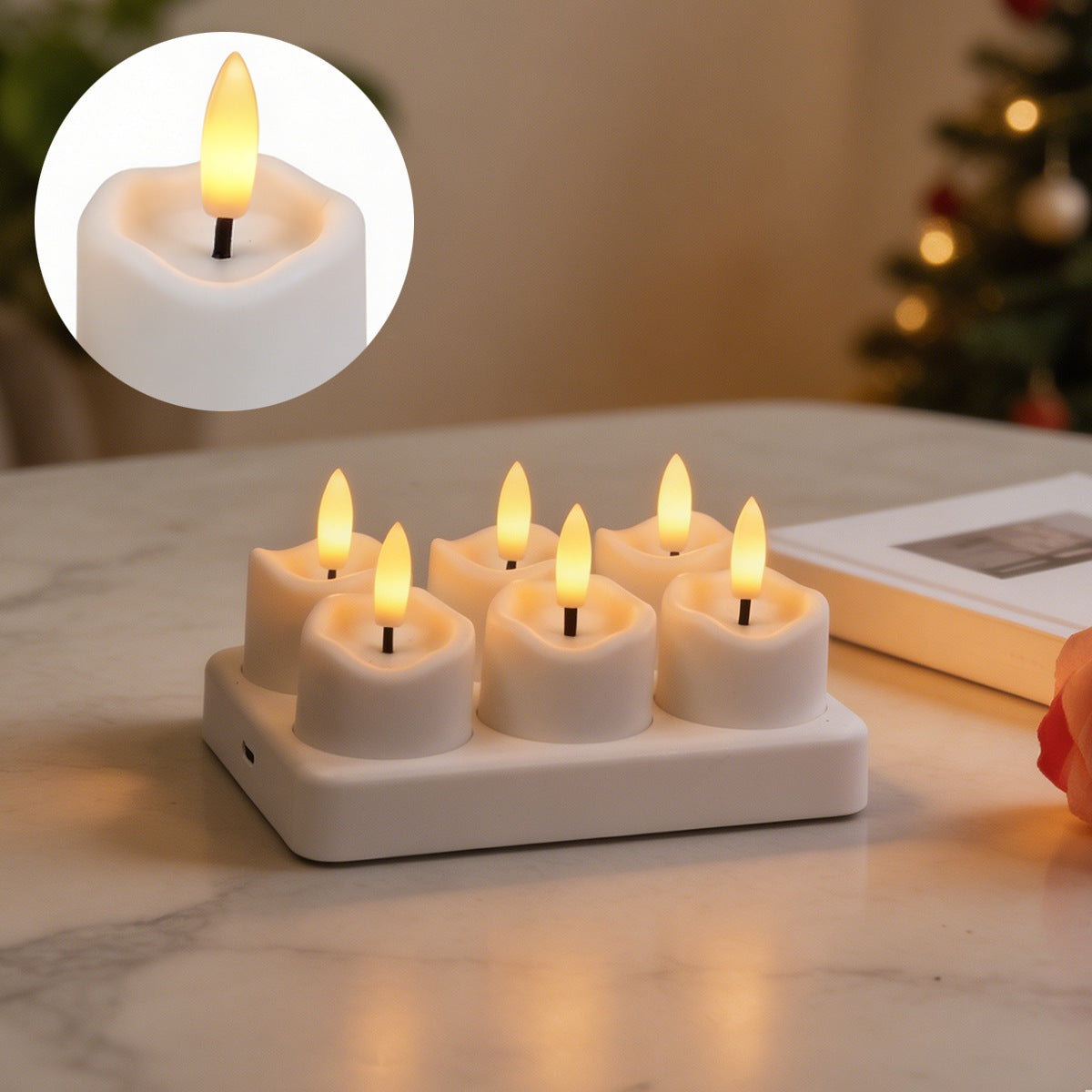 🎀Rechargeable LED Flameless Tealight Candles with Remote Control – 6pcs USB-C Charging Station & Timer