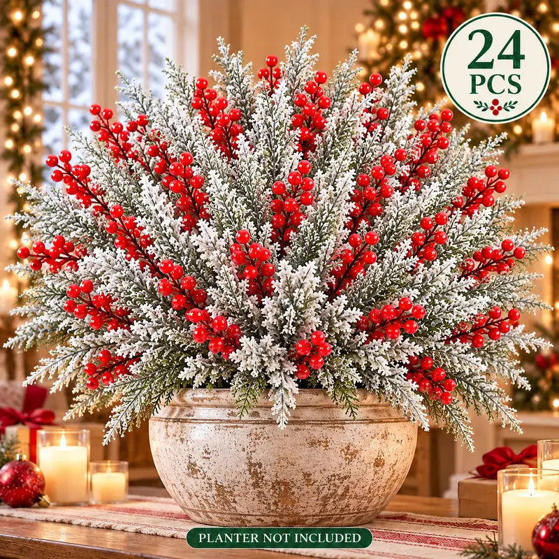 🎀Artificial Frosted Christmas Pine-Cedar Stems with Red Berries – Snowy Evergreen Picks