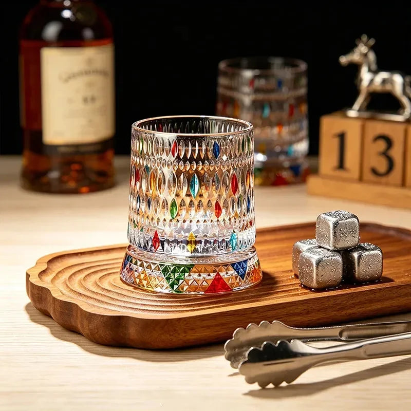 🎁Hand-Painted 360° Spinning Whiskey Glass With Crystal Embossed Design