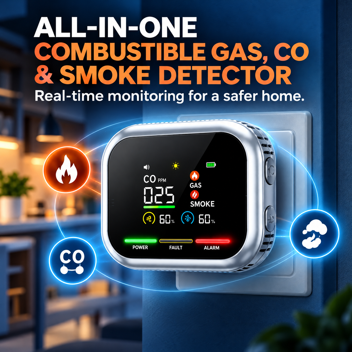 ✨Smart 3-in-1 Gas, CO & Smoke Detector – Plug-In Safety Alarm with Backup Battery