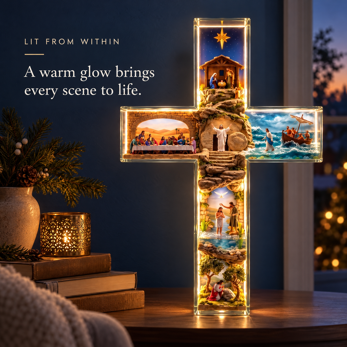 ✨Light-Up Story of Jesus Cross✝️Christian Christmas Decor with 6 Biblical Scenes🙏