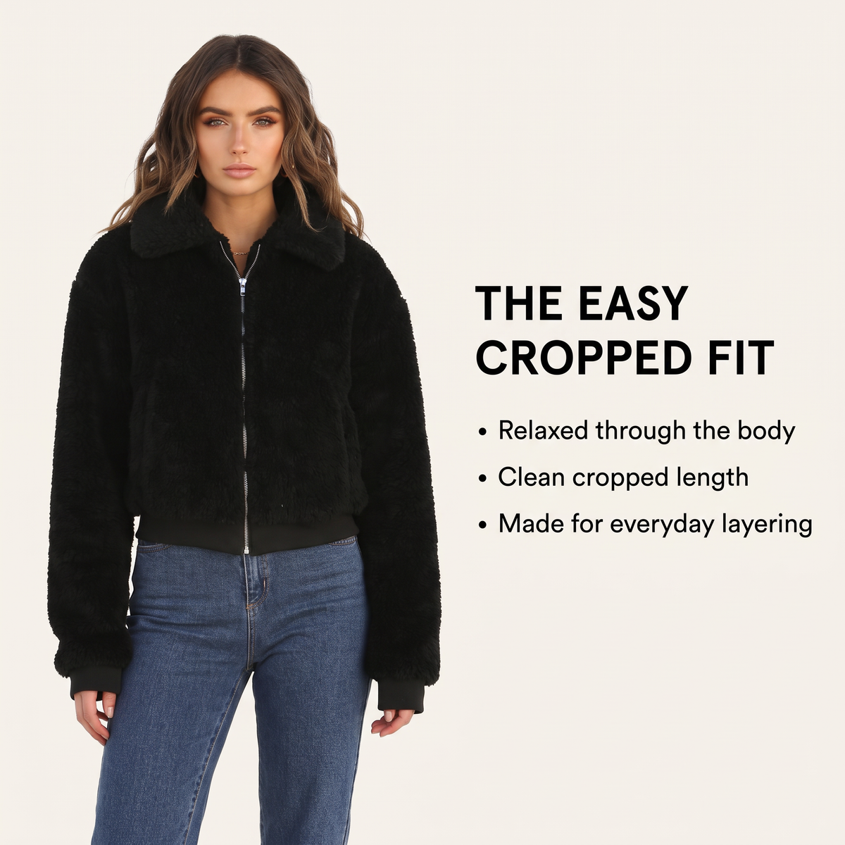✨Women’s Plush Cropped Zip-Up Jacket – Soft Teddy Fleece with Stand Collar🧸