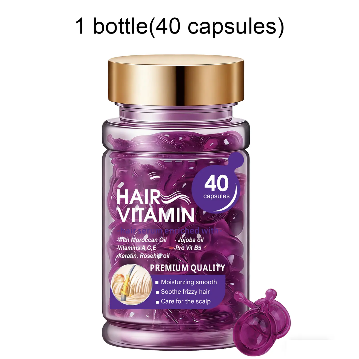 Hair Vitamin Capsules with Argan Oil, Frizz Control & Shine, 40 Ct