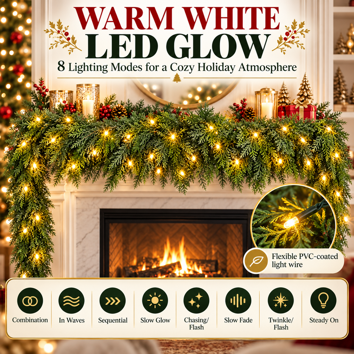 🎉6FT Thick Christmas Cedar Garland with Lights, Layered Faux Greenery Decor