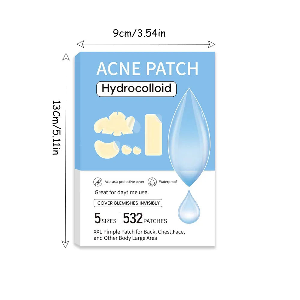 🎁532 Pimple Patches – Hydrocolloid Acne Patches, 5 Sizes, Waterproof Blemish Covers for Face, Nose, Back & Chest