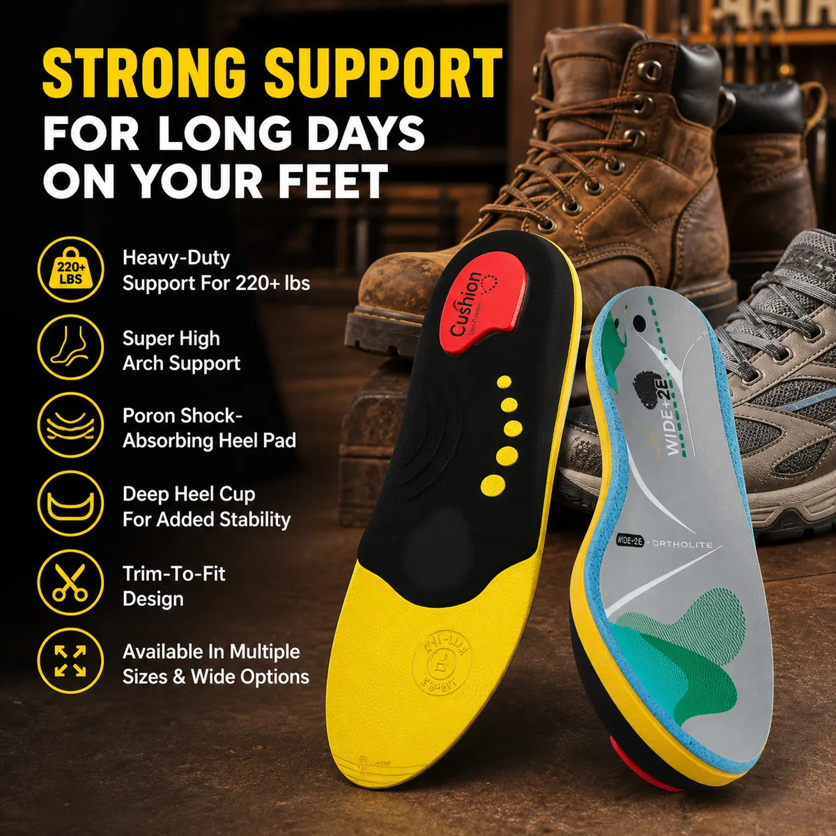 Heavy Duty High Arch Support Shock Absorbing Insoles