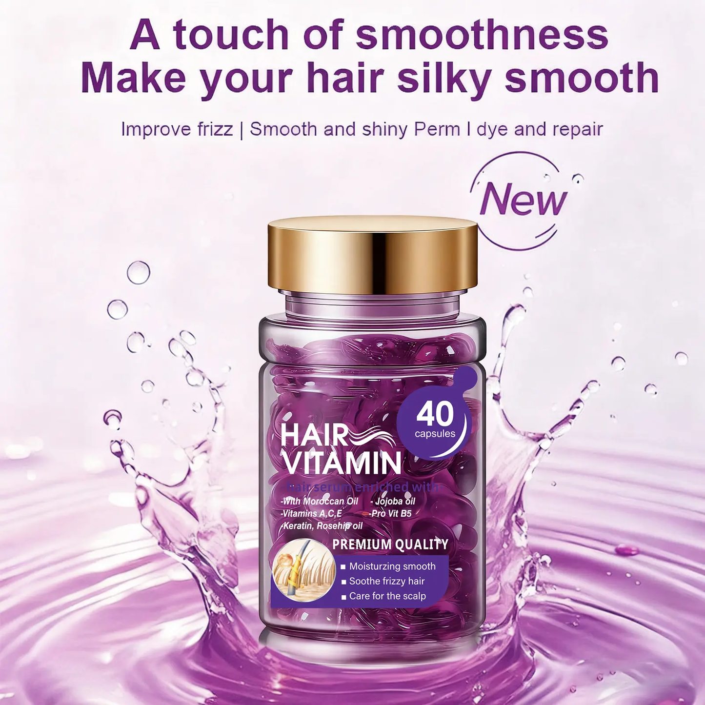 Hair Vitamin Capsules with Argan Oil, Frizz Control & Shine, 40 Ct
