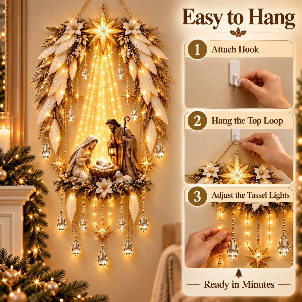 🎉3D Heavenly Angel Wings Nativity Light✨ – Lighted Christmas Wall Decor
