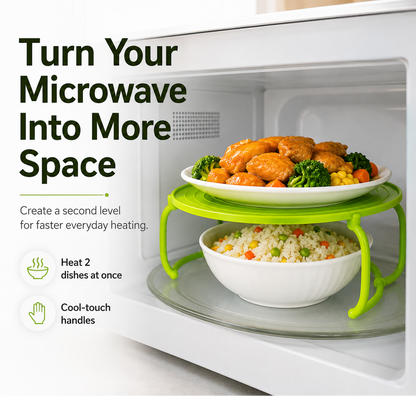 🎉 Foldable Microwave Plate Stacker – 2-Level Heating Rack with Cool-Touch Handles for More Kitchen Space