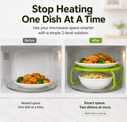 🎉 Foldable Microwave Plate Stacker – 2-Level Heating Rack with Cool-Touch Handles for More Kitchen Space