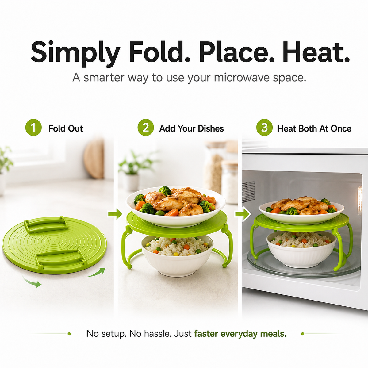 🎉 Foldable Microwave Plate Stacker – 2-Level Heating Rack with Cool-Touch Handles for More Kitchen Space