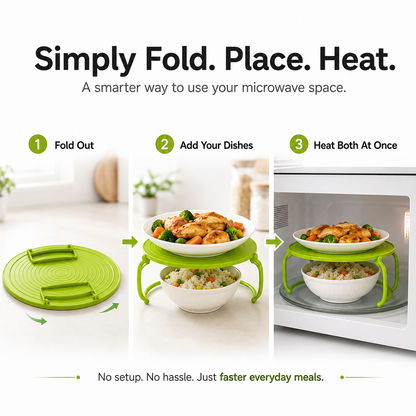 🎉 Foldable Microwave Plate Stacker – 2-Level Heating Rack with Cool-Touch Handles for More Kitchen Space