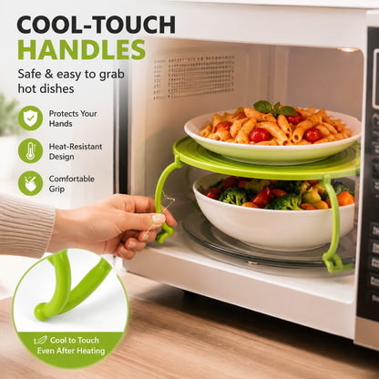 🎉 Foldable Microwave Plate Stacker – 2-Level Heating Rack with Cool-Touch Handles for More Kitchen Space