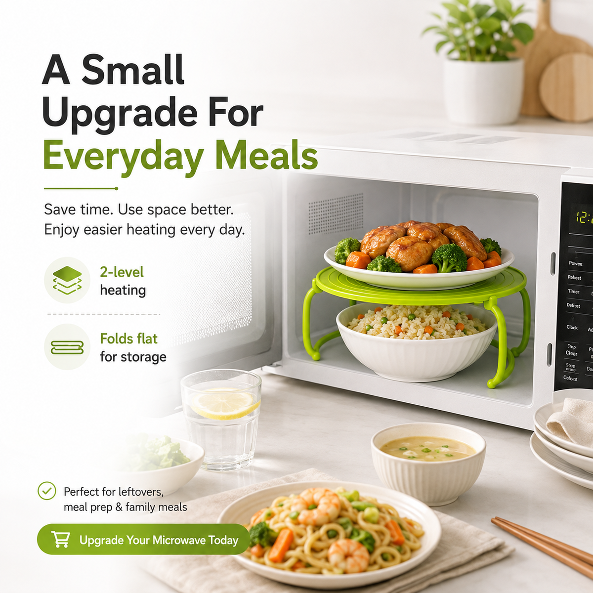 🎉 Foldable Microwave Plate Stacker – 2-Level Heating Rack with Cool-Touch Handles for More Kitchen Space