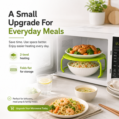 🎉 Foldable Microwave Plate Stacker – 2-Level Heating Rack with Cool-Touch Handles for More Kitchen Space
