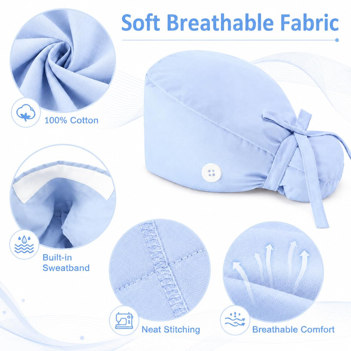 🔥100% Cotton Scrub Cap – Adjustable Ponytail Hat with Sweatband & Mask Buttons