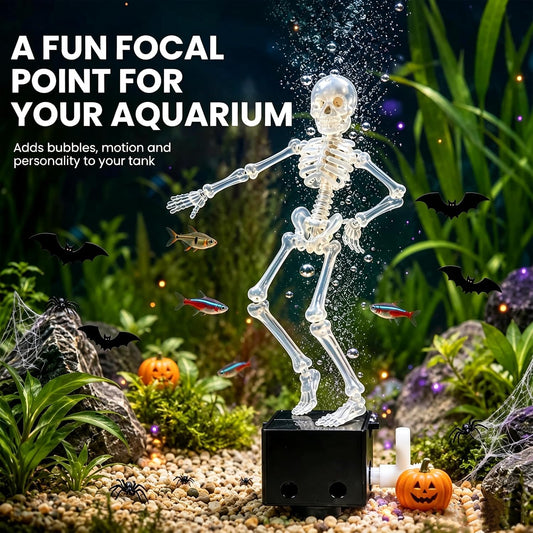 Dancing Skeleton Aquarium Decor – Air-Powered Moving Skull Bubbler for Halloween Fish Tanks