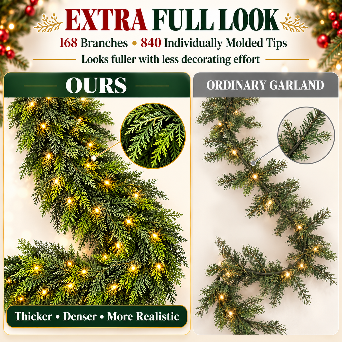 🎉6FT Thick Christmas Cedar Garland with Lights, Layered Faux Greenery Decor