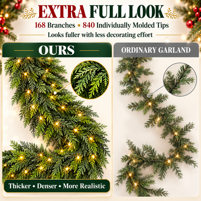🎉6FT Thick Christmas Cedar Garland with Lights, Layered Faux Greenery Decor