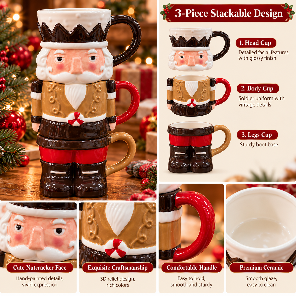🔥3-Piece Stackable Nutcracker Christmas Mug Set