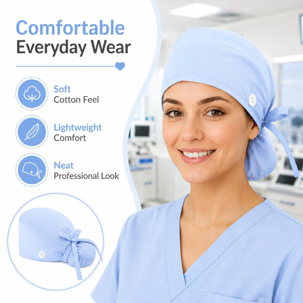 🔥100% Cotton Scrub Cap – Adjustable Ponytail Hat with Sweatband & Mask Buttons
