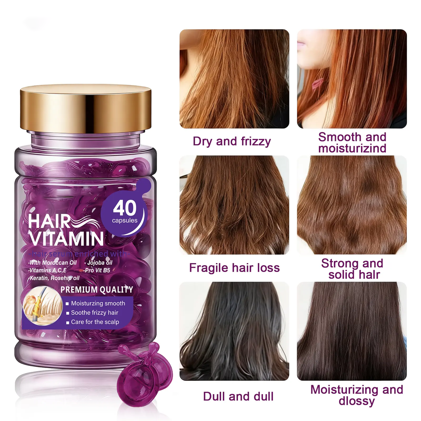Hair Vitamin Capsules with Argan Oil, Frizz Control & Shine, 40 Ct