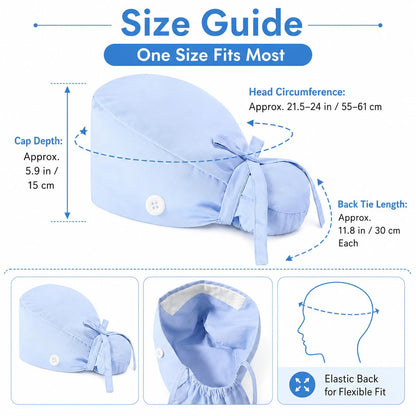 🔥100% Cotton Scrub Cap – Adjustable Ponytail Hat with Sweatband & Mask Buttons