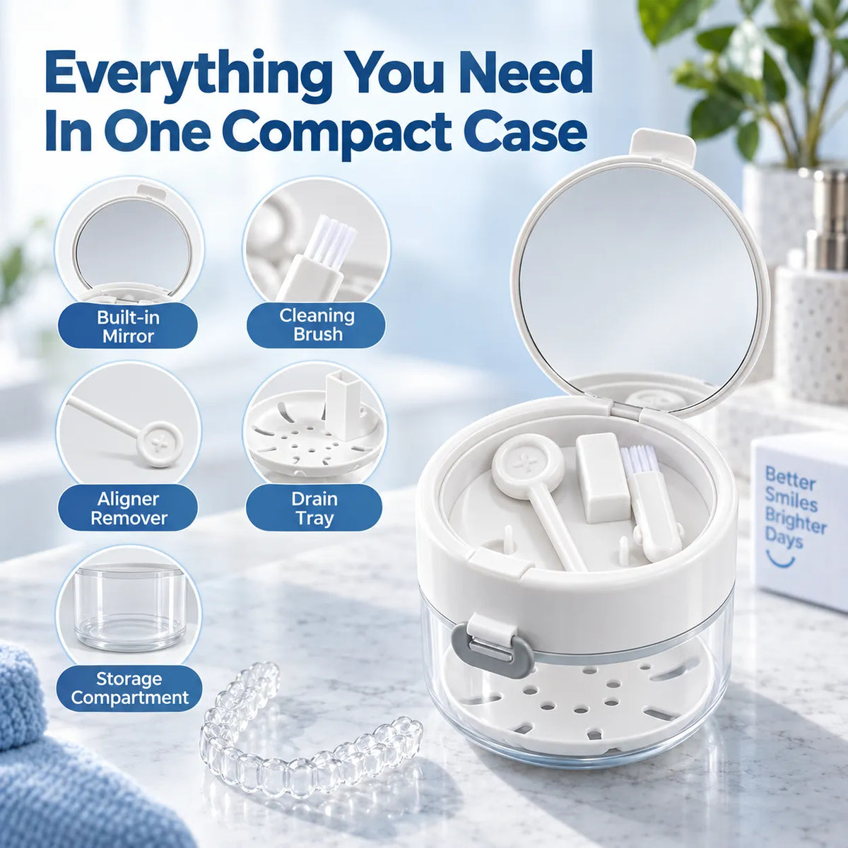 🎁3-in-1 Retainer Cleaning Case With Drain Tray, Mirror & Brush