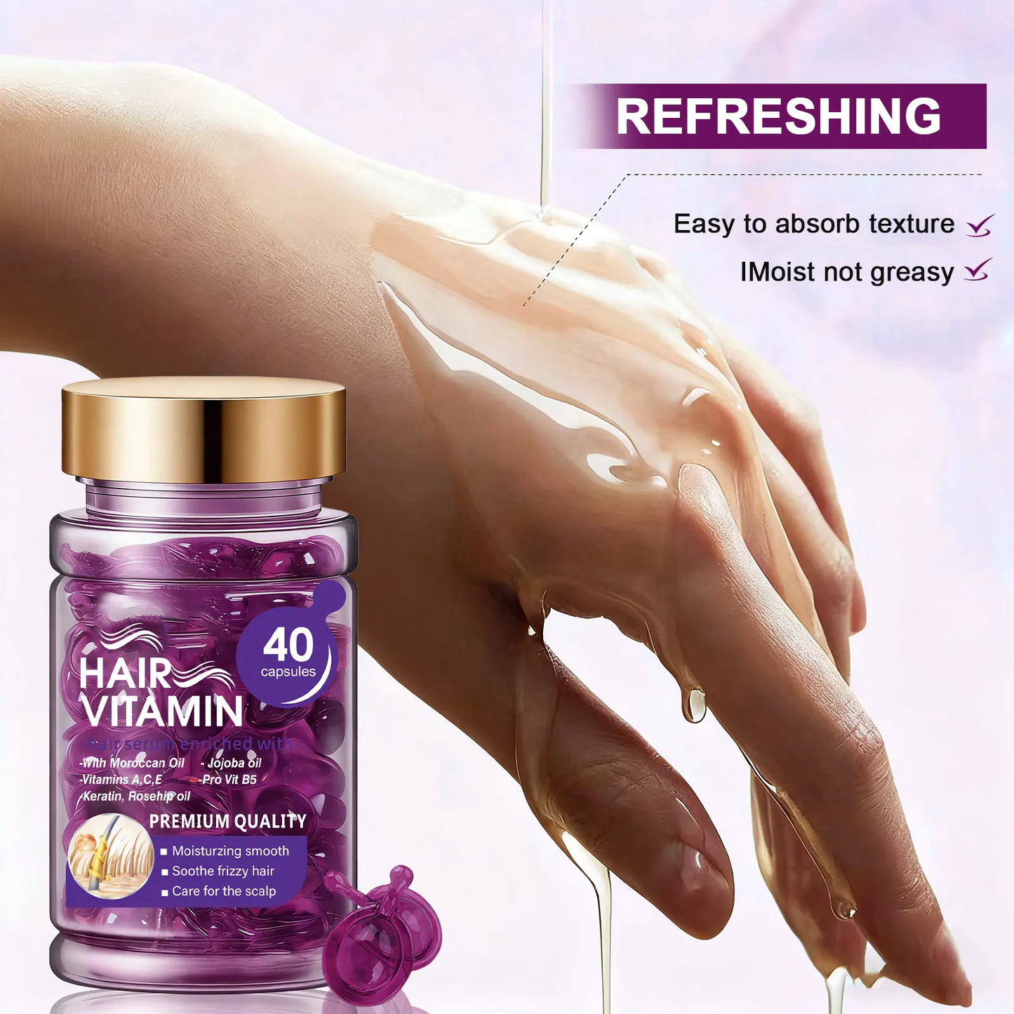 Hair Vitamin Capsules with Argan Oil, Frizz Control & Shine, 40 Ct