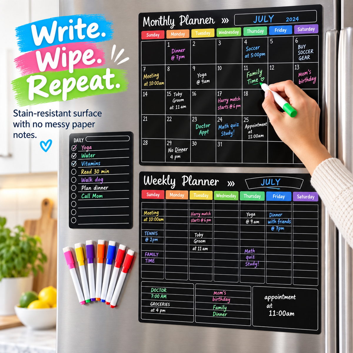 📅 Black Magnetic Dry Erase Boards Set of 3 | Ultimate Fridge Organizer & Planner ✨