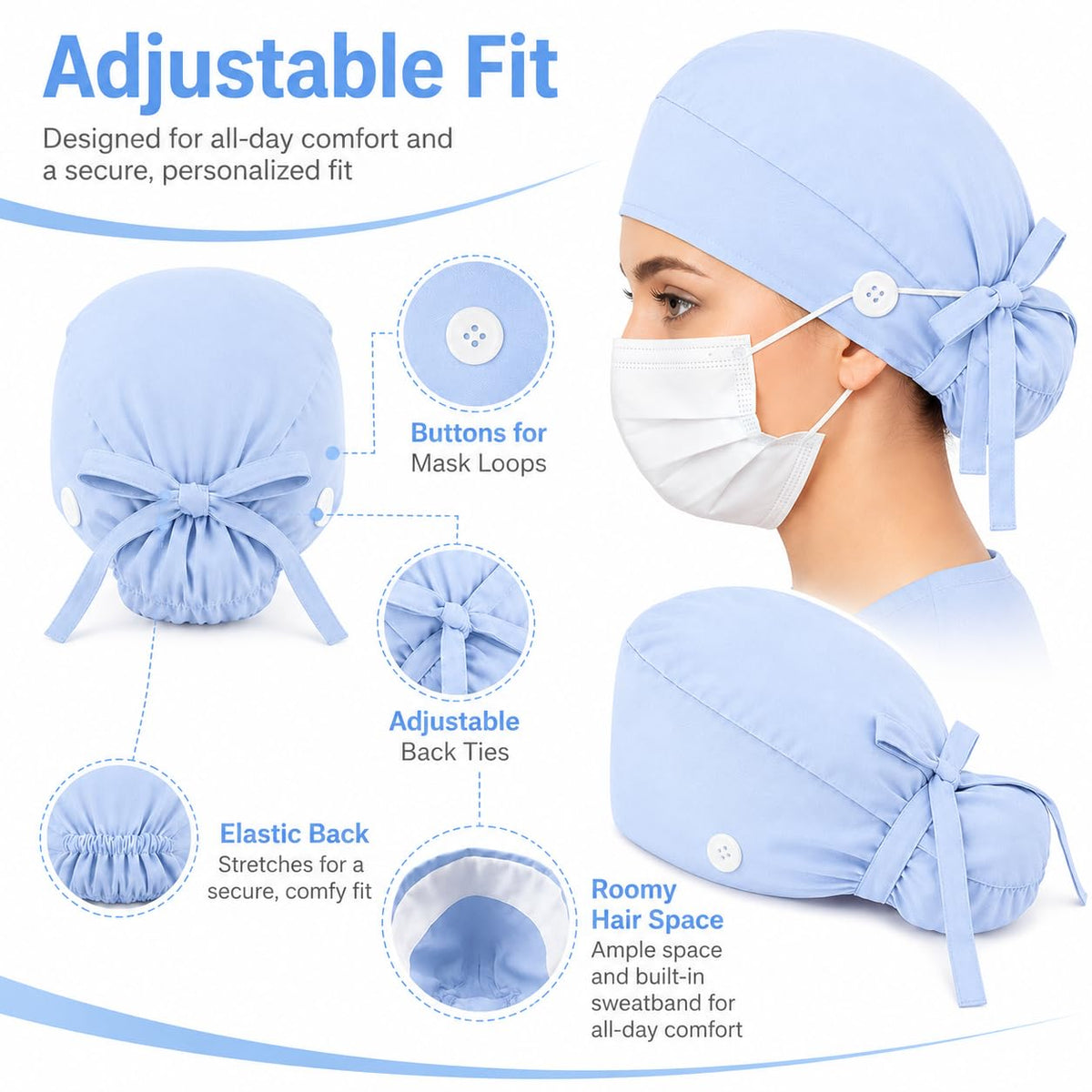 🔥100% Cotton Scrub Cap – Adjustable Ponytail Hat with Sweatband & Mask Buttons