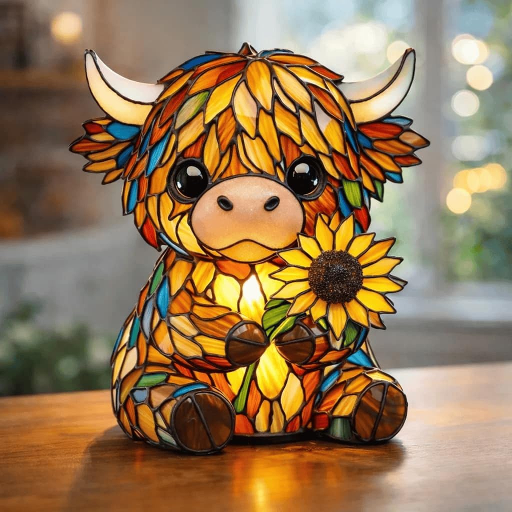 Handcrafted Sunflower Highland Cow Lamp