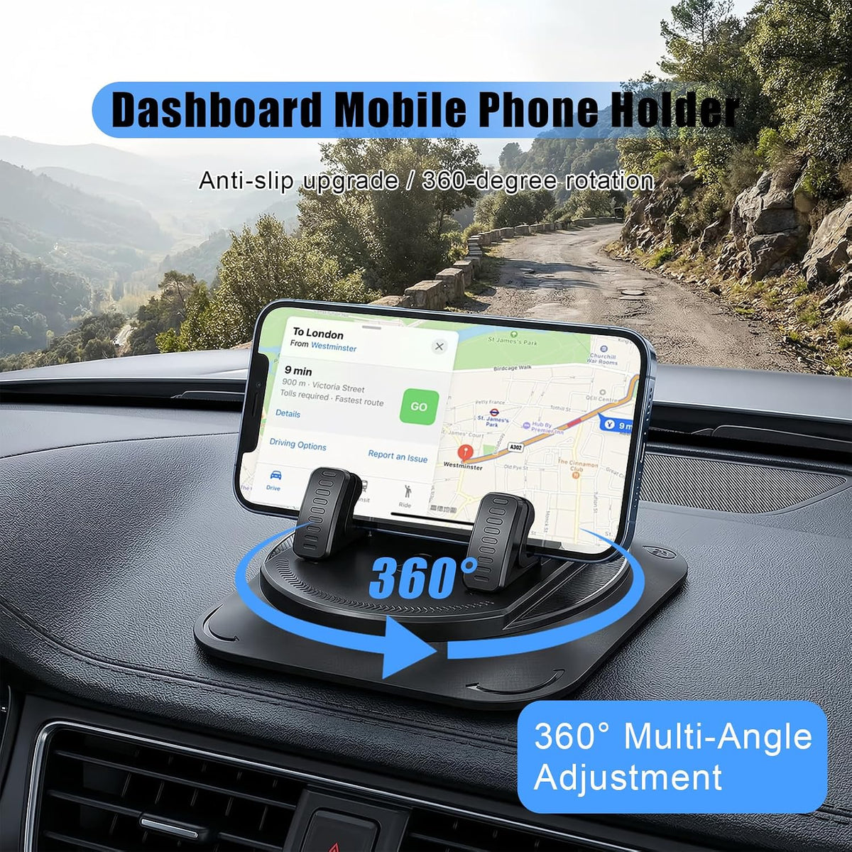 🚗 Soporte de teléfono para coche con conducción 360° con una mano y sistema antideslizante | Soporte ultrestable para el salpicadero