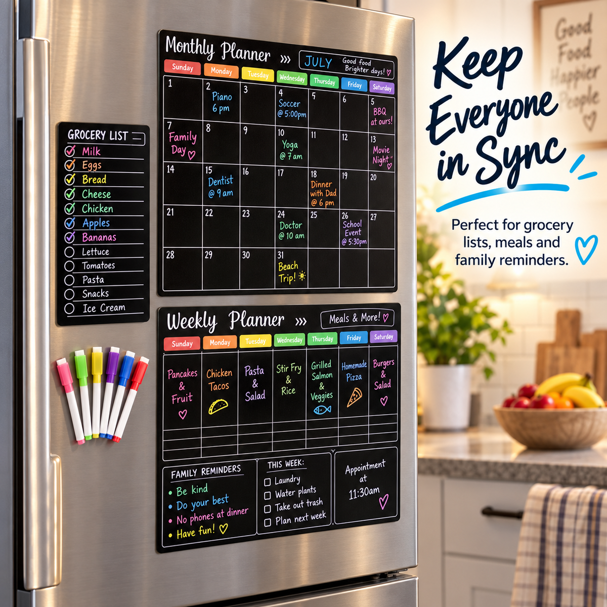 📅 Black Magnetic Dry Erase Boards Set of 3 | Ultimate Fridge Organizer & Planner ✨