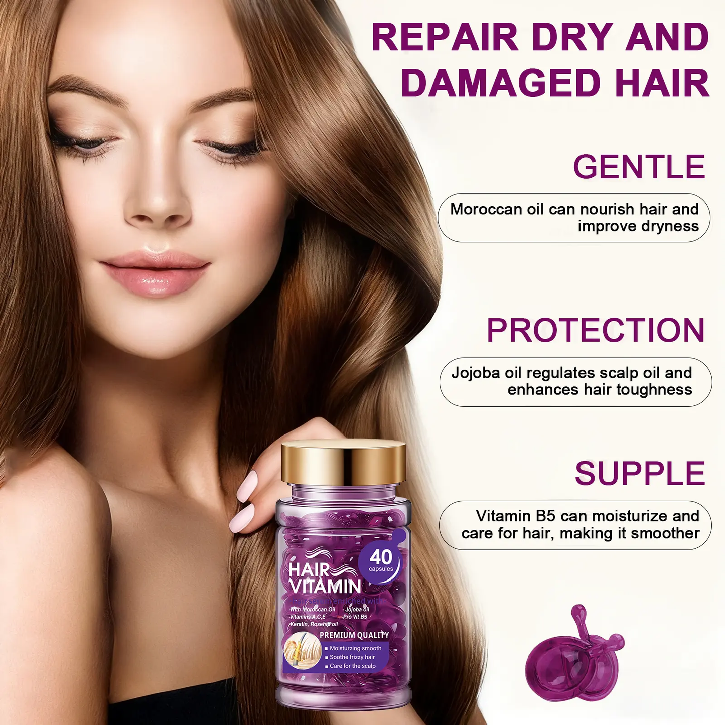 Hair Vitamin Capsules with Argan Oil, Frizz Control & Shine, 40 Ct